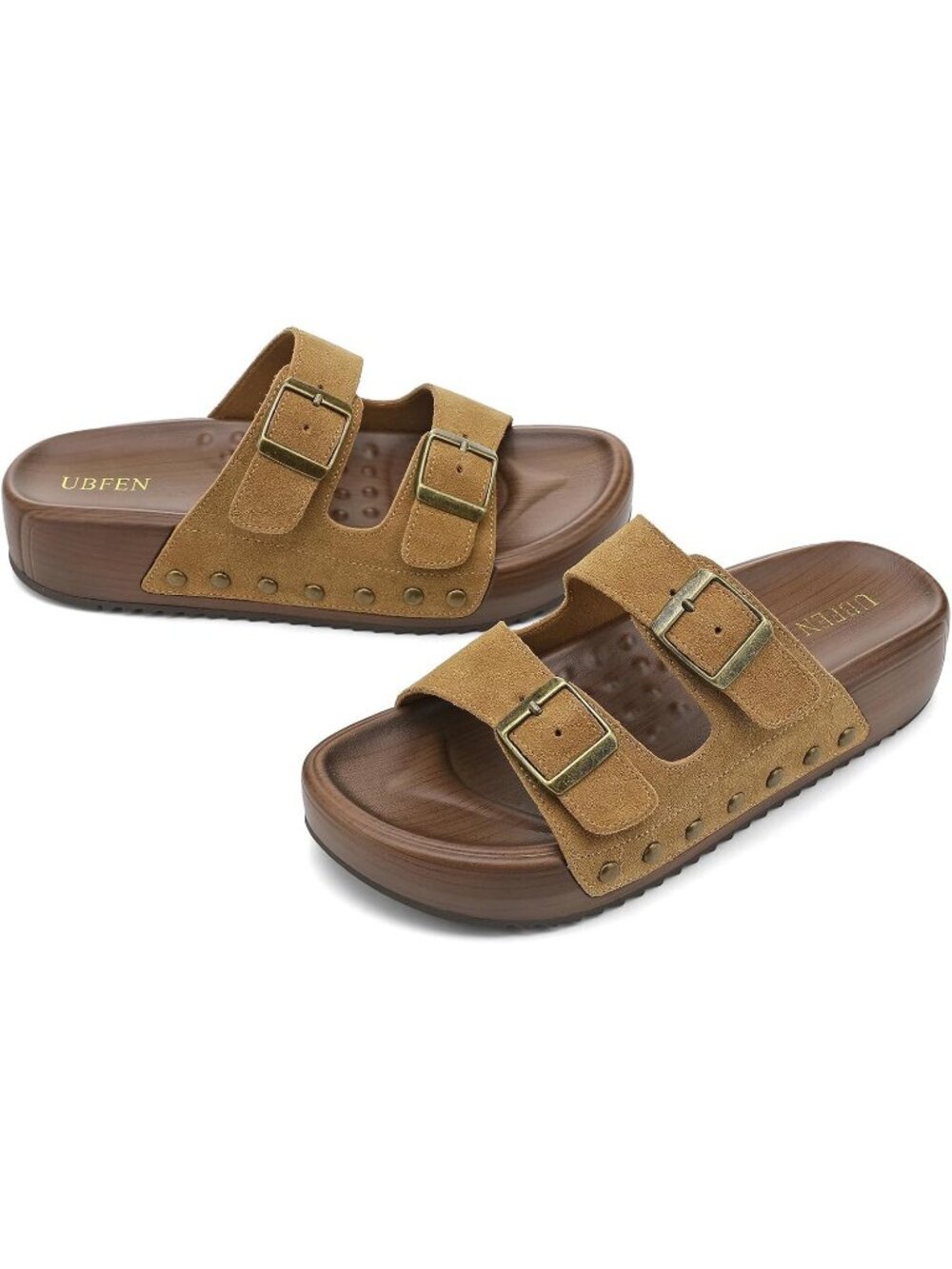 Women's Slides Platform B Caramel Genuine Leather Arch Support Buckle Sandals - Picture 5 of 6